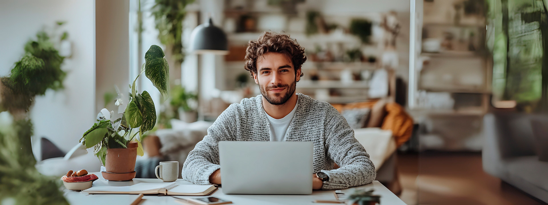Hombre sonriente usando su notebook en un espacio coworking